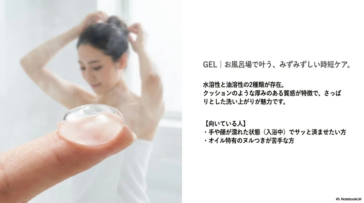クレンジングの種類：ジェルクレンジングの成り立ちと特徴の図解