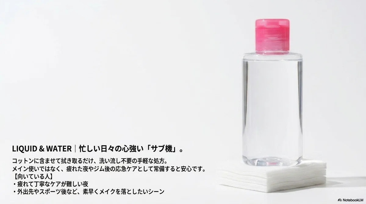 クレンジングの種類：リキッド・ふきとり・水クレンジングの成り立ちと特徴の図解
