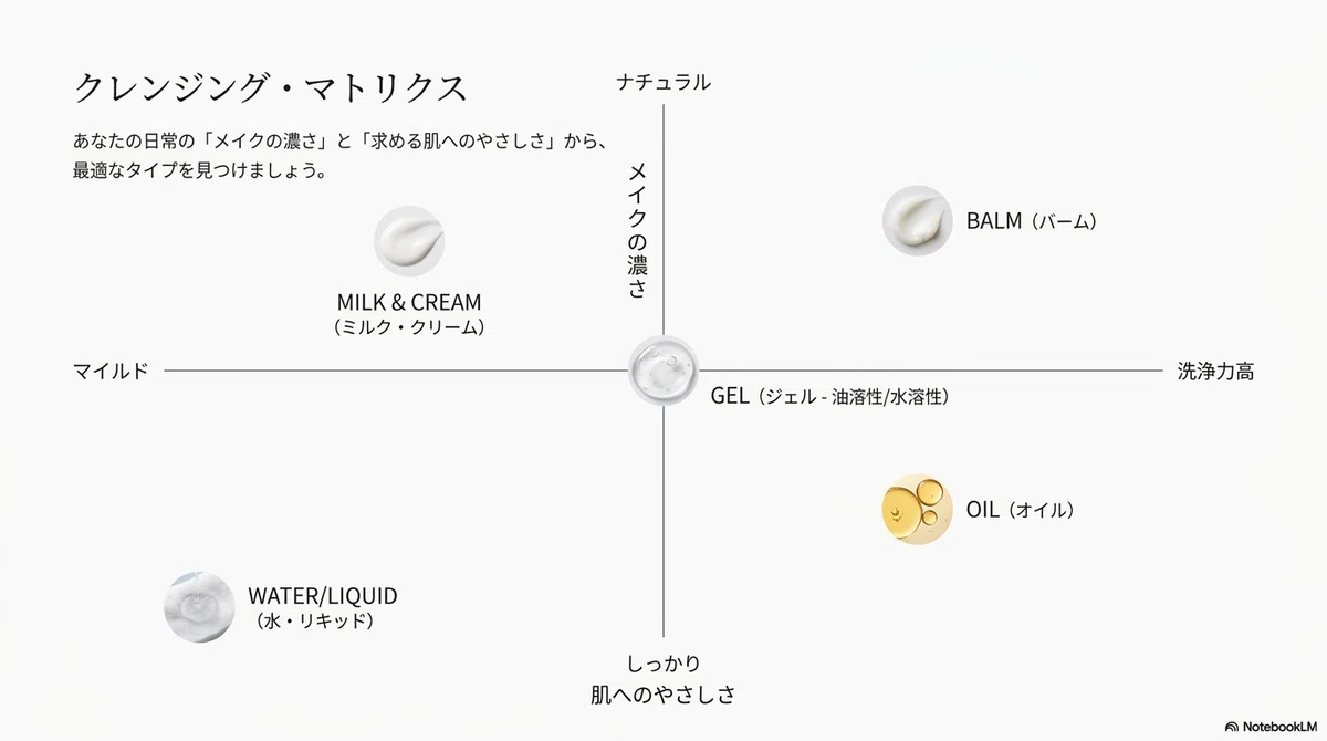 クレンジングの種類：マッサージ効果を意識した使い方の図解