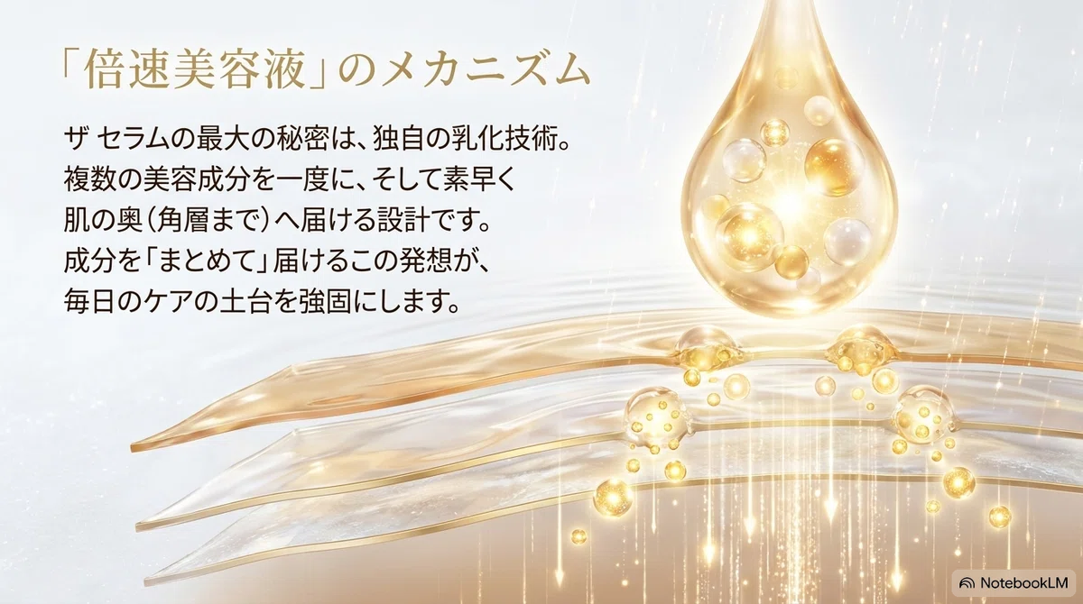エリクシールのCM：「倍速美容液」を象徴する演出の図解