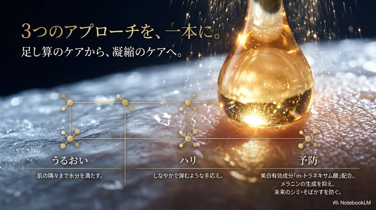エリクシールのCM：うるおいとハリのケアという位置づけの図解