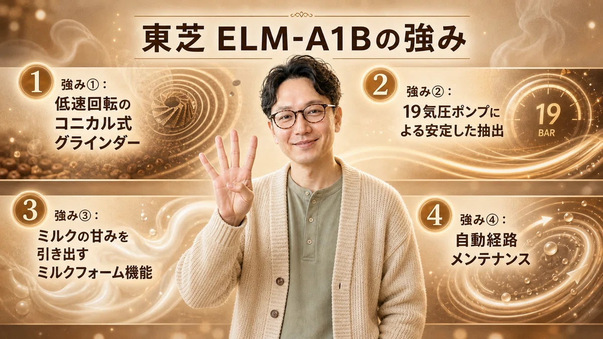クリームのカーディガン姿のエスワン代表OMASAが右手を開いて4つの強みを数えるポーズで立つ。背景に「強み①:低速回転コニカル式グラインダー」「強み②:19気圧ポンプ安定抽出」「強み③:ミルクフォーム機能」「強み④:自動経路メンテナンス」と並ぶ、4つの強みの概念図。