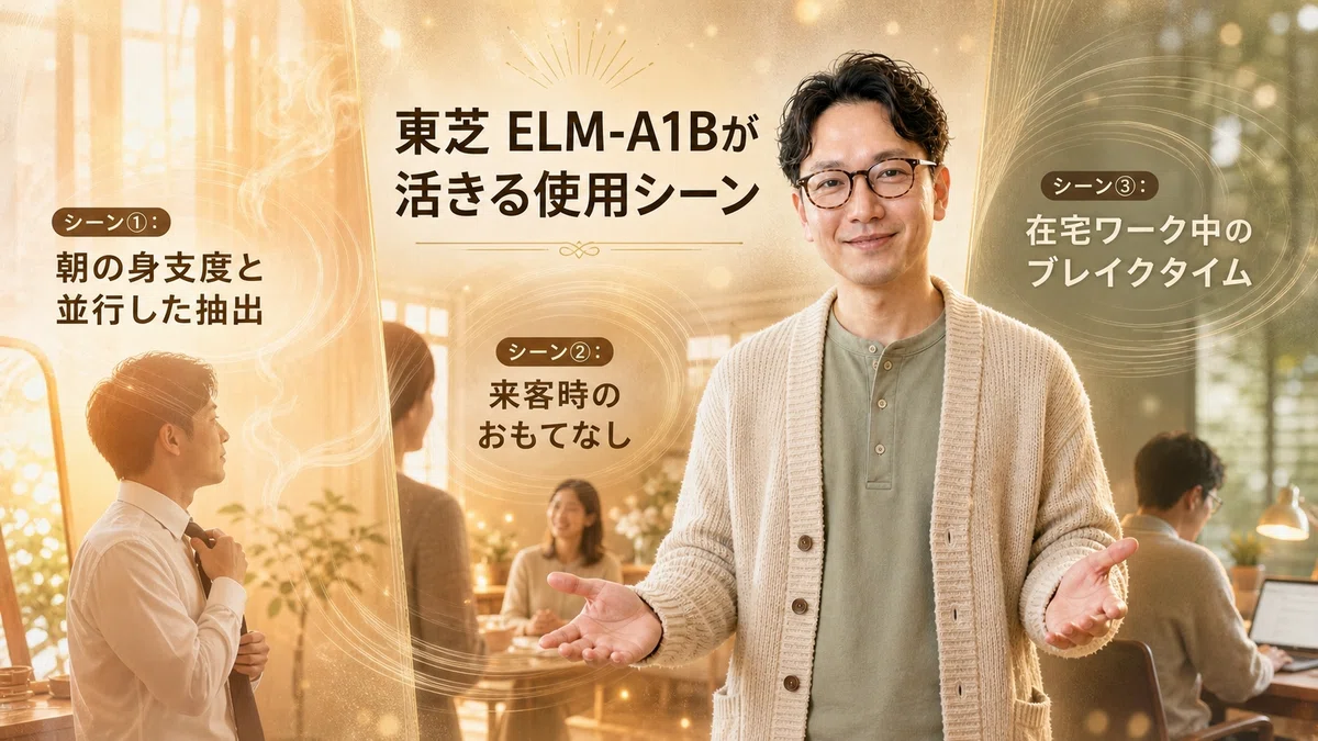 クリームのカーディガン姿のエスワン代表OMASAが両手を前へ開いて3つの生活シーンを案内するポーズで立つ。左「シーン①:朝の身支度と並行した抽出」、中央「シーン②:来客時のおもてなし」、右「シーン③:在宅ワーク中のブレイクタイム」が並ぶ、3シーンの概念図。