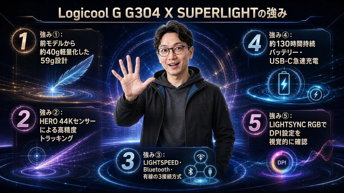 チャコールパフォーマンスフーディ姿のエスワン代表OMASAが右手を開いて5つの強みを数えるポーズで立つ。背景に「強み①59g軽量設計」「強み②HERO 44Kトラッキング」「強み③LIGHTSPEED・Bluetooth・有線」「強み④約130時間バッテリー＋USB-C」「強み⑤LIGHTSYNC RGB」と並ぶ概念図。