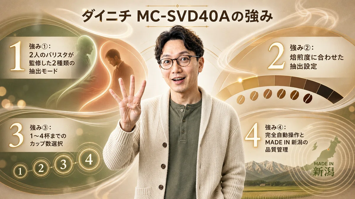 クリームのカーディガン姿のエスワン代表OMASAが右手を開いて4つの強みを数えるポーズで立つ。背景に「強み①：2人のバリスタ監修2モード」「強み②：焙煎度別抽出設定」「強み③：1〜4杯カップ数選択」「強み④：完全自動とMADE IN 新潟」と並ぶ、4つの強みの概念図。