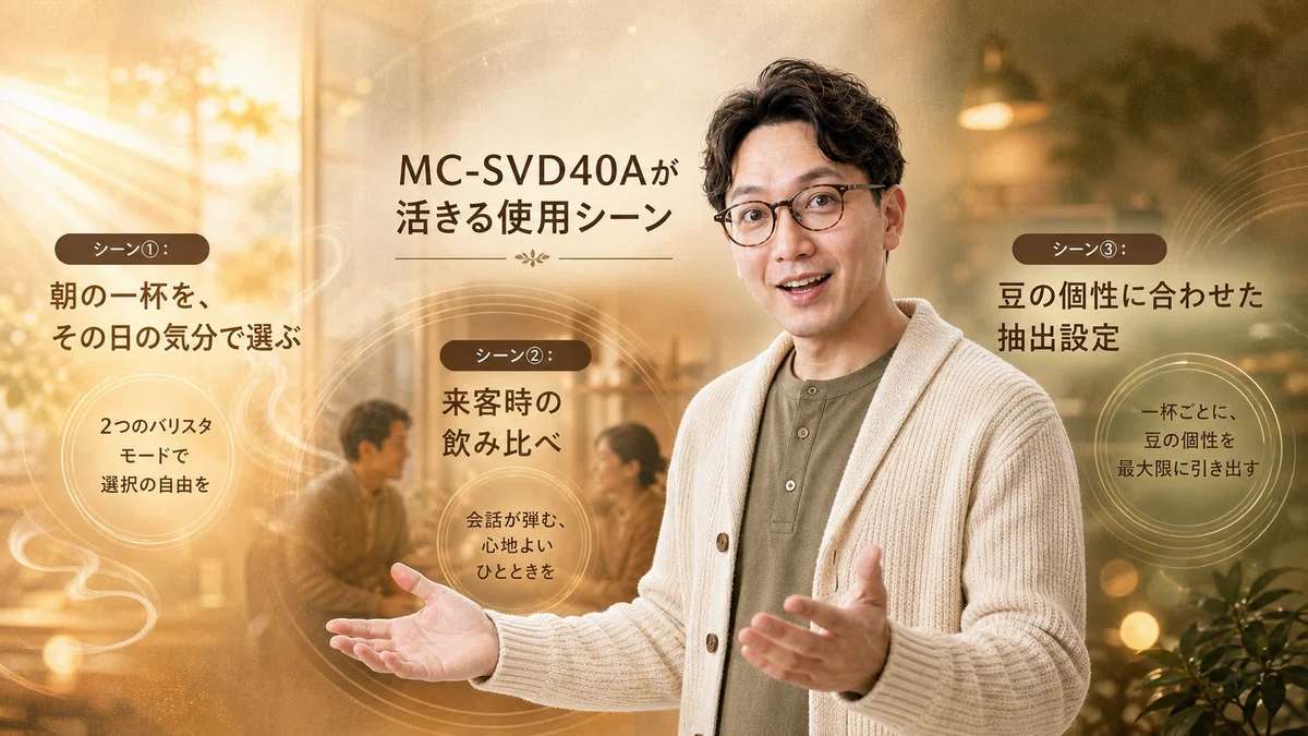 クリームのカーディガン姿のエスワン代表OMASAが両手を前へ開いて3つの使用シーンを案内するポーズで立つ。左「シーン①：朝の一杯を気分で選ぶ」、中央「シーン②：来客時の飲み比べ」、右「シーン③：豆の個性に合わせた抽出設定」が並ぶ、3シーンの概念図。