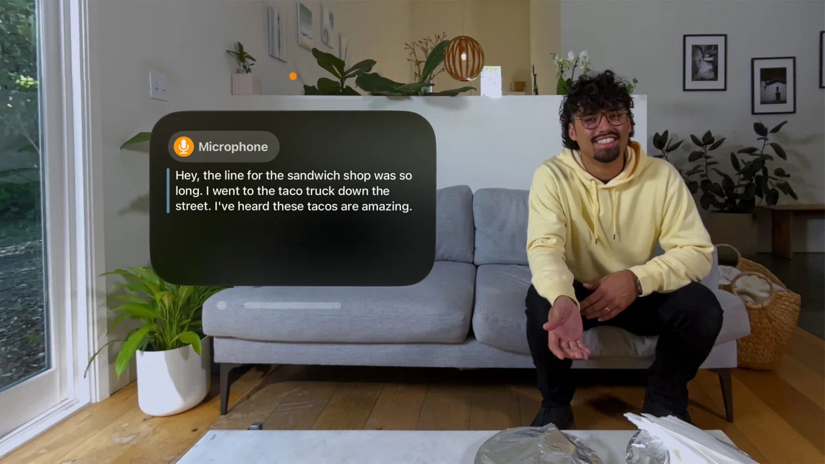 Apple Vision Proユーザーの視点から表示されている、visionOSのライブキャプション。