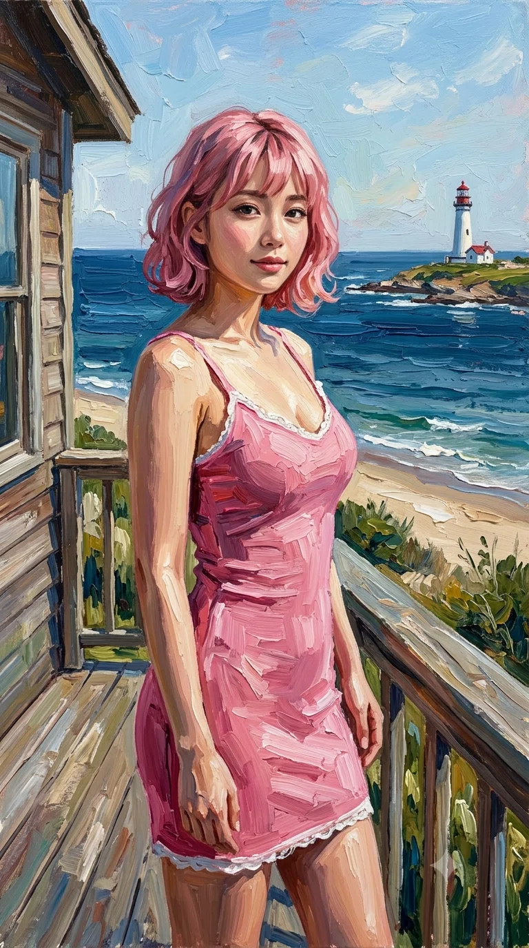 AI画像（油彩画）22才女子、裏庭、海岸灯台、A voluptuous beauty
