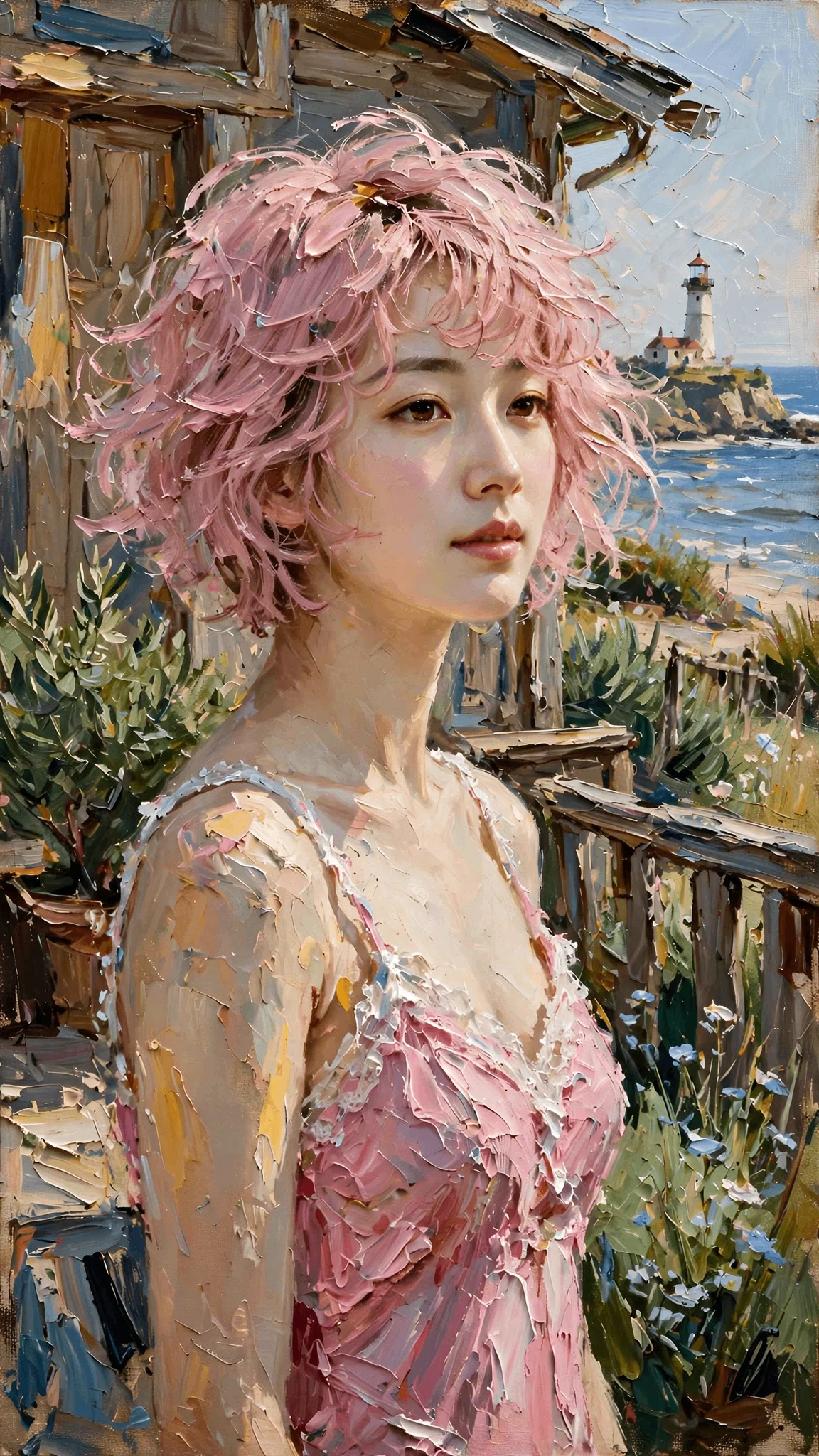 AI画像（油彩画）22才女子、裏庭、海岸灯台、A voluptuous beauty