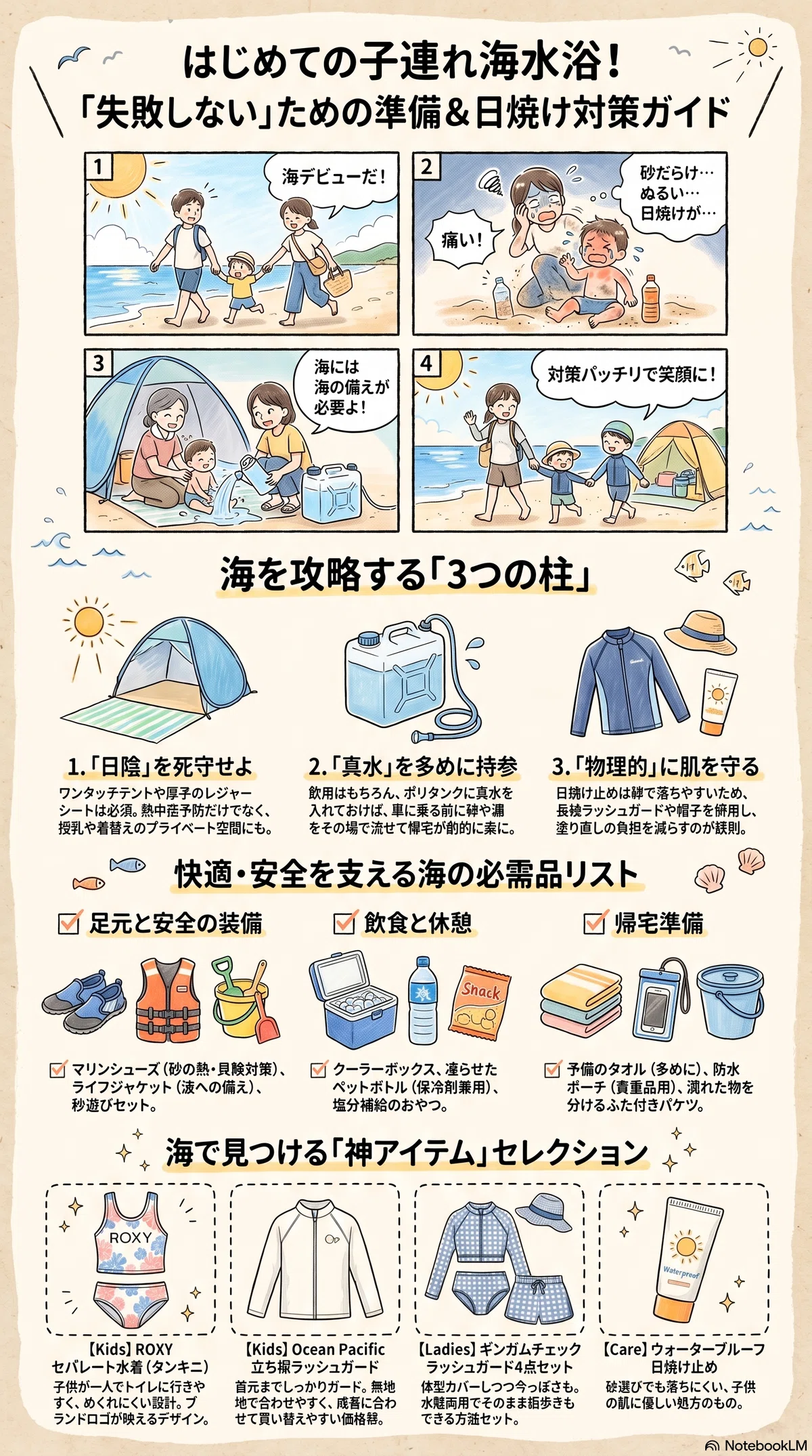子連れ海水浴の持ち物の要点をまとめたインフォグラフィック