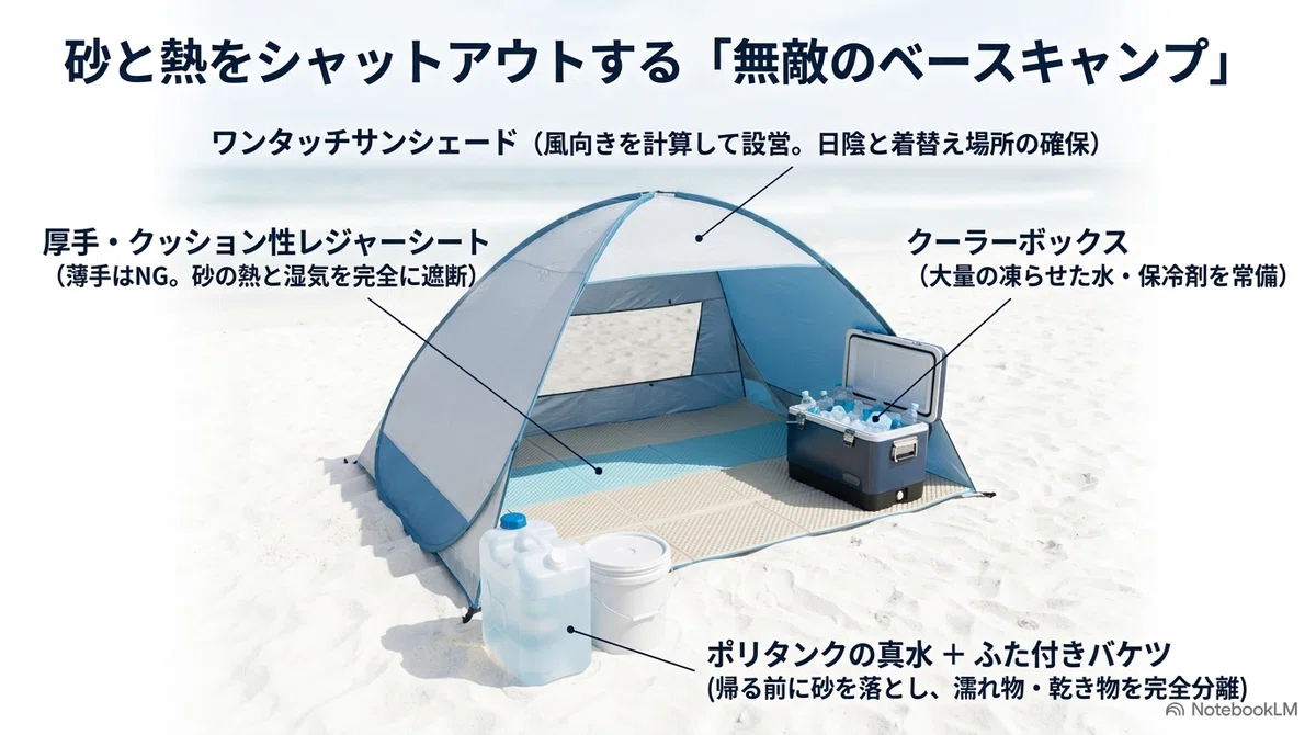 子連れ海水浴の持ち物:日陰をつくるテントやサンシェードの図解