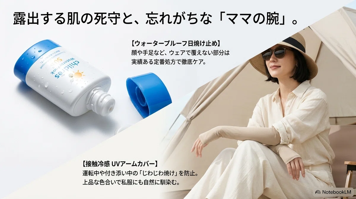 子連れ海水浴の持ち物:海であると安心な神アイテム|子ども用UVウェア&日焼けケアの図解