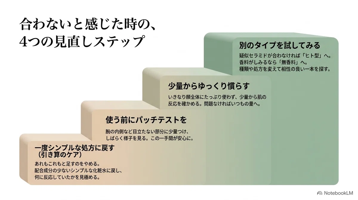 セラミド化粧水:合わないと感じたときの見直しステップの図解