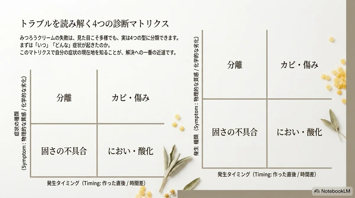 みつろうクリーム:失敗は「四つの型」に分けると原因が見える