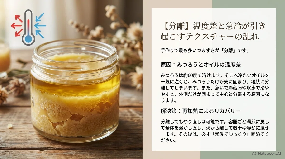 みつろうクリーム:いちばん多い失敗、分離が起きる原因の図解