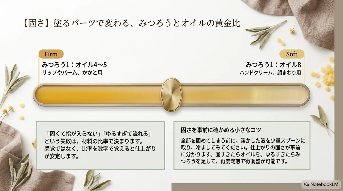 みつろうクリーム:固すぎ・やわらかすぎ、固さ調整の失敗の図解