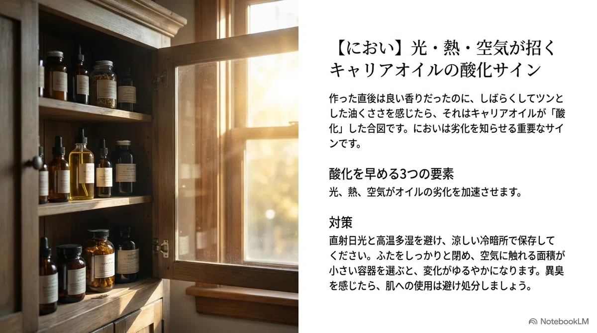 みつろうクリーム:においが変わる、オイルの酸化トラブルの図解