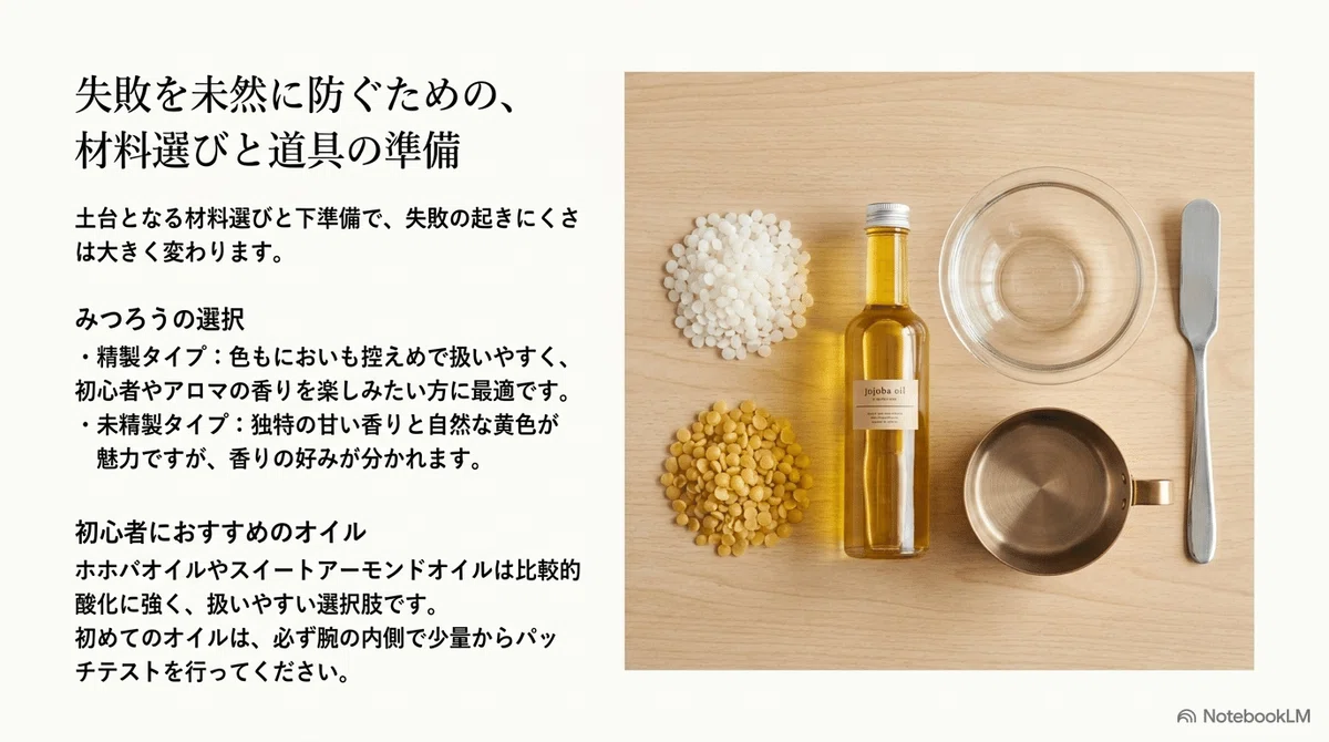 みつろうクリーム:失敗しない材料選びと基本の道具の図解