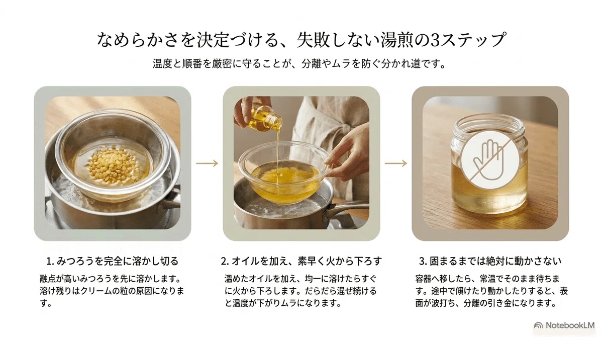 みつろうクリーム:失敗を防ぐ湯煎の手順