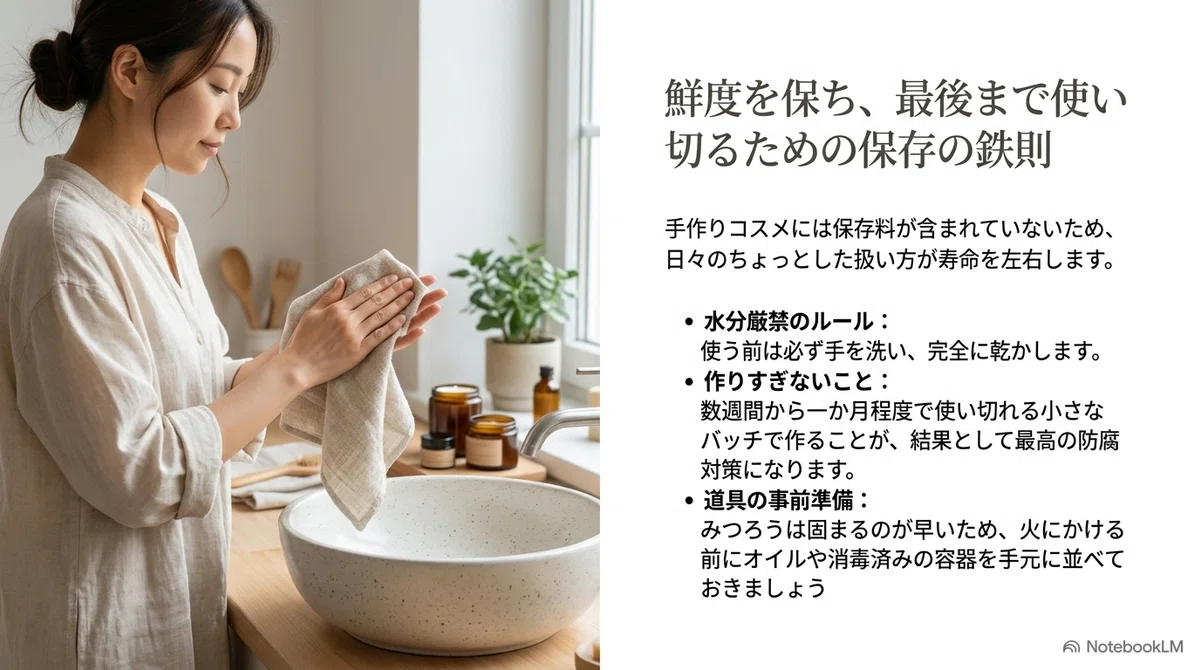みつろうクリーム:保存で差がつく、カビと酸化を遠ざける工夫の図解