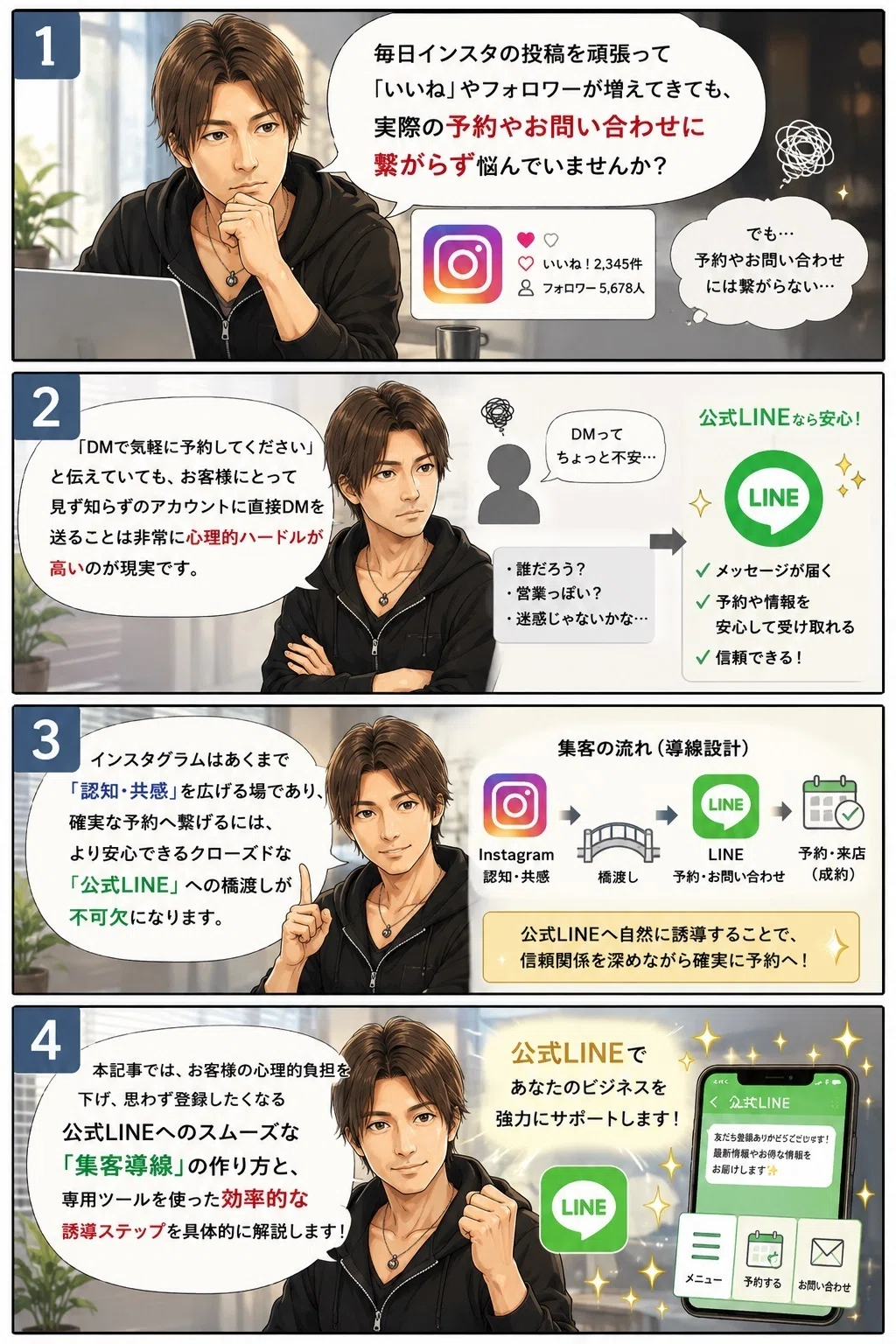 【インスタ×LINE】「いいね」止まりから抜け出す!公式LINEへ自然に誘導する「集客導線」の作り方4コマ