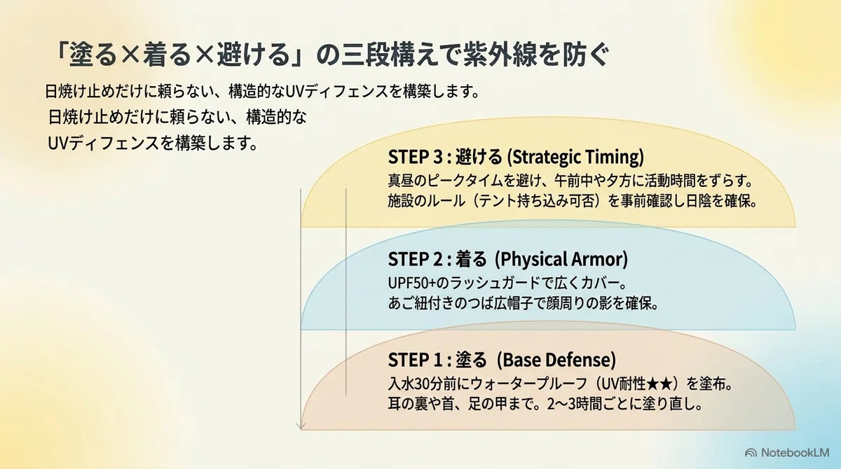 子連れプールの持ち物リスト：親子の日焼け対策・着る、避ける編の図解