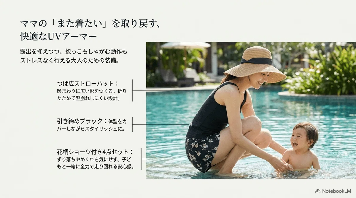 子連れプールの持ち物リスト：準備を助ける神アイテム｜子ども用UVウェア＆日焼けケアの図解
