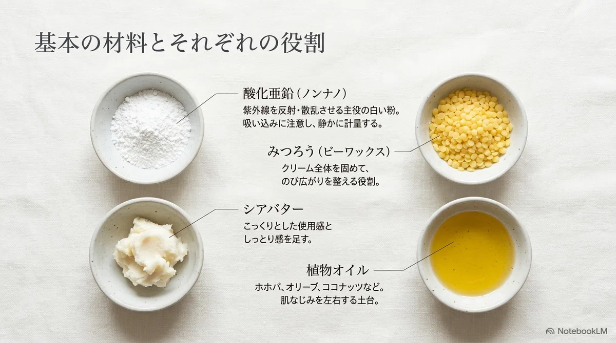 肌にやさしい:基本の材料と、それぞれの役割の図解