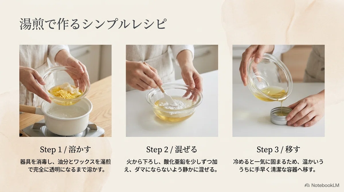 肌にやさしい:湯煎で溶かして混ぜる手順