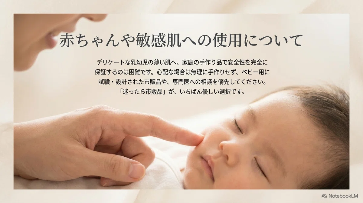 肌にやさしい:乳幼児や敏感肌の方が使うときの注意の図解