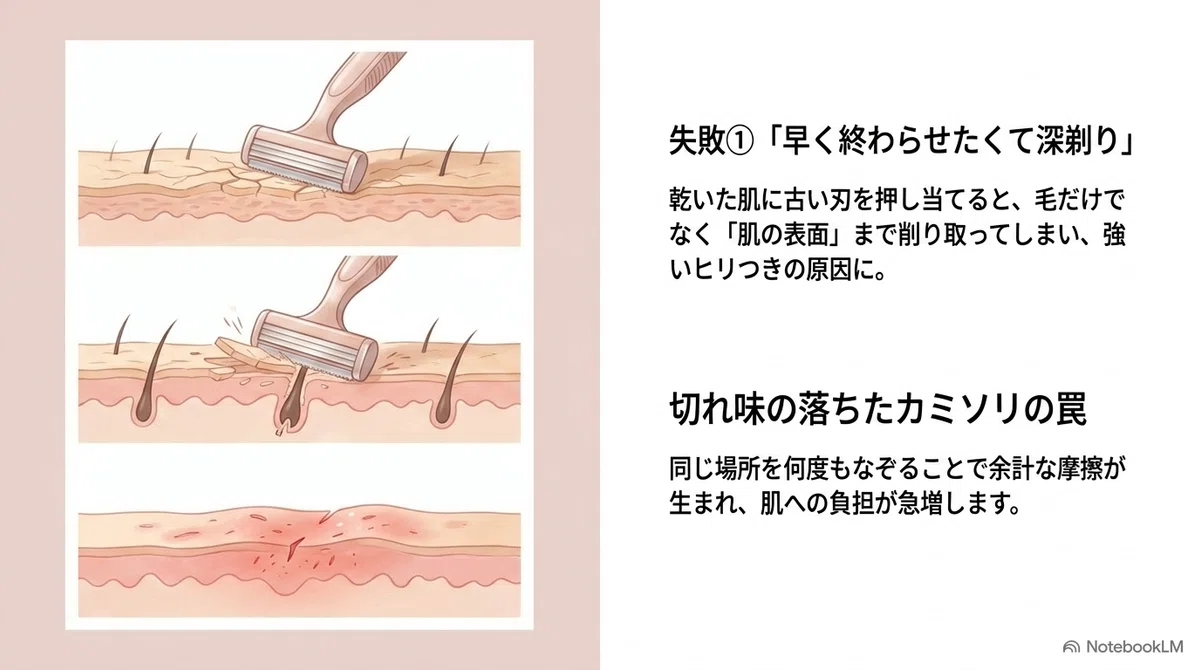 VIO脱毛のみんなの失敗談:「早く終わらせたくて深剃りしてしまった」の図解