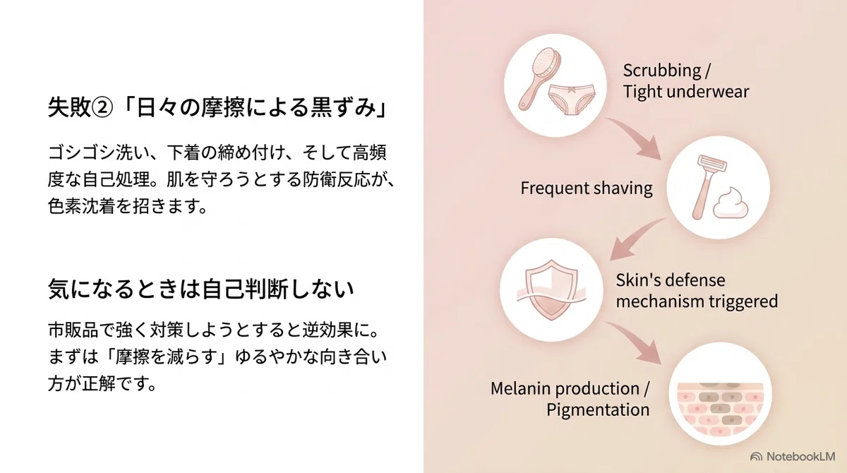 VIO脱毛のみんなの失敗談:「黒ずみ・色素沈着が気になる」という後悔の図解