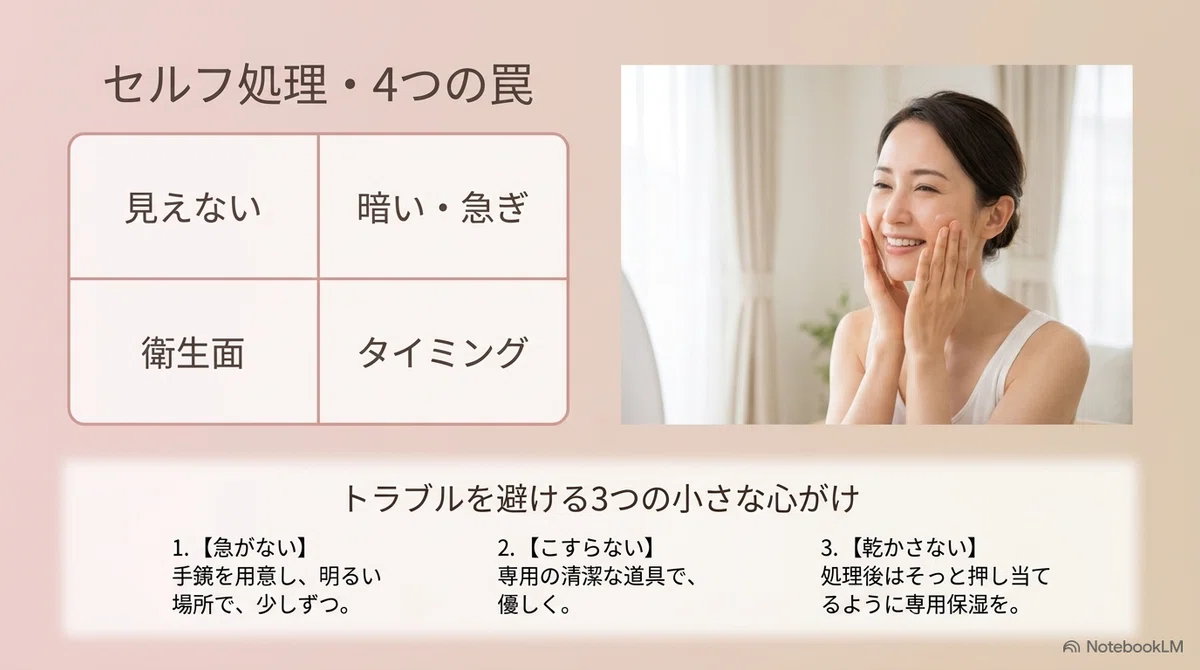 VIO脱毛のみんなの失敗談:「急がない・こすらない・乾かさない」の図解