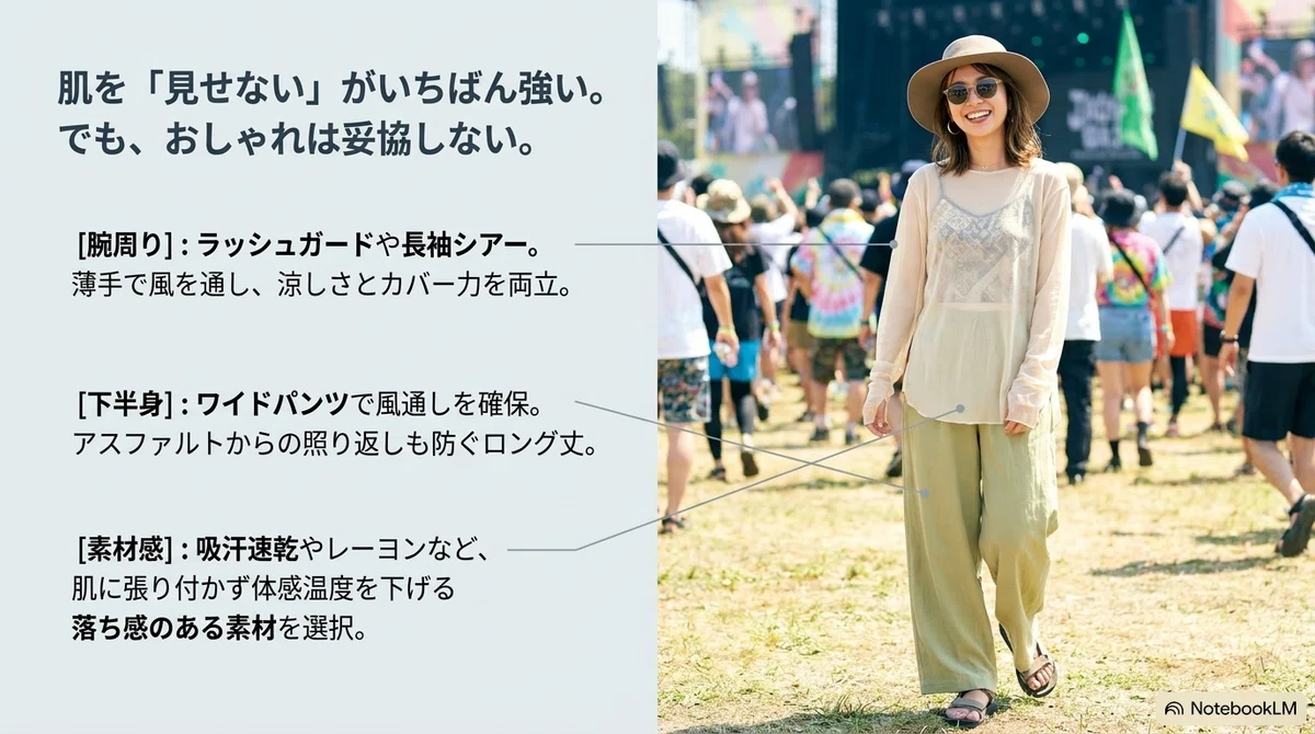 夏フェスの日焼け対策完全ガイ:焼かない服装の基本|肌を「見せない」がいちばん強い