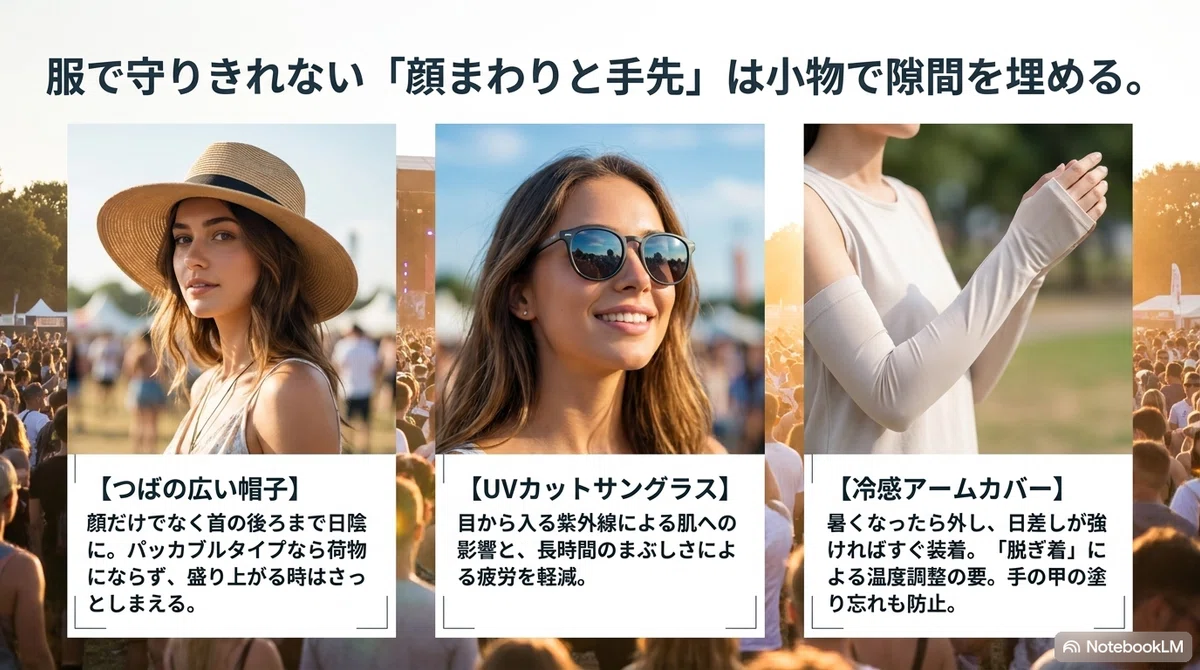 夏フェスの日焼け対策完全ガイ:つばの広い帽子で顔と首を日陰に