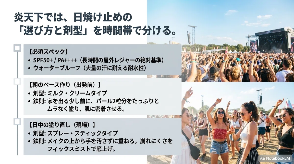 夏フェスの日焼け対策完全ガイ:屋外レジャーはSPF50+・PA++++が目安の図解