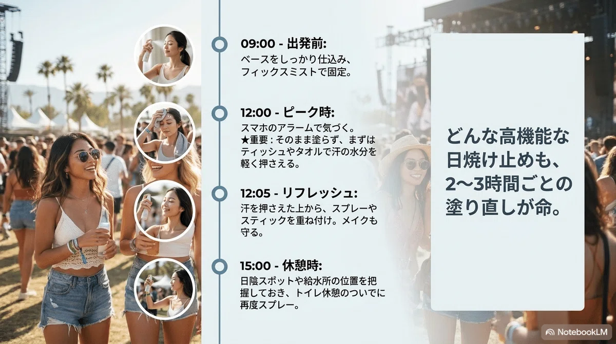 夏フェスの日焼け対策完全ガイ:2〜3時間ごとの塗り直しを、無理なく習慣に