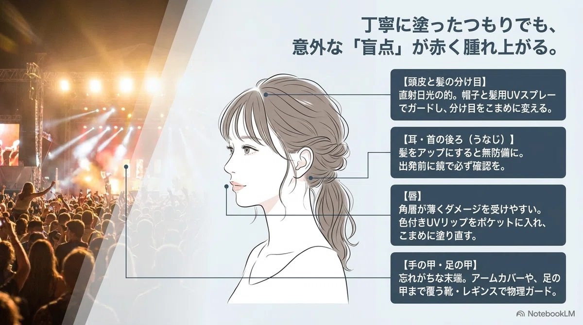 夏フェスの日焼け対策完全ガイ:頭皮と髪はスプレーや帽子でガードの図解
