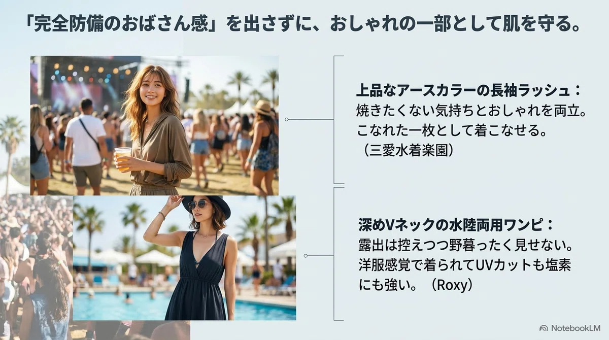 夏フェスの日焼け対策完全ガイ:焼かせないための神アイテム|UVウェア&日焼けケアの図解