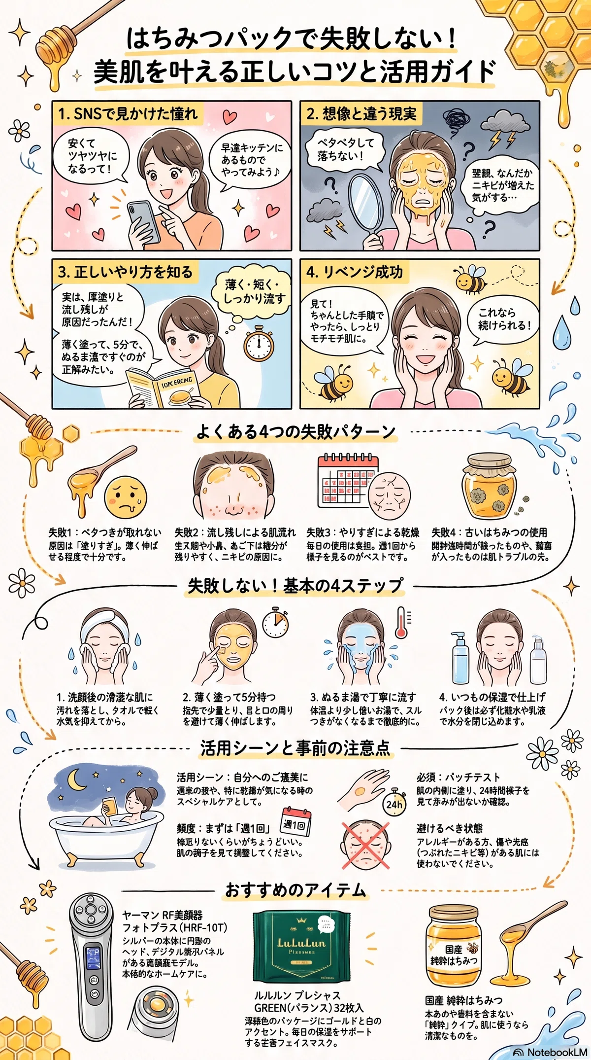 はちみつパックの要点をまとめたインフォグラフィック