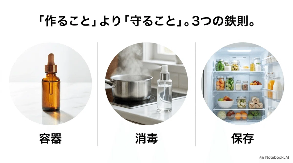 手作り化粧水の容器：手作りは「新鮮なうちに使う食べ物」に近い