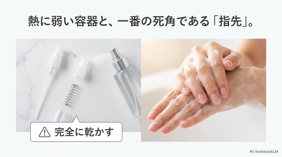 手作り化粧水の容器：いちばん見落とされがちな「手」の図解