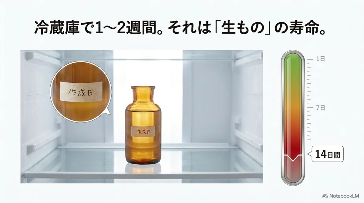 手作り化粧水の容器：冷蔵庫で1〜2週間が一つの目安の図解