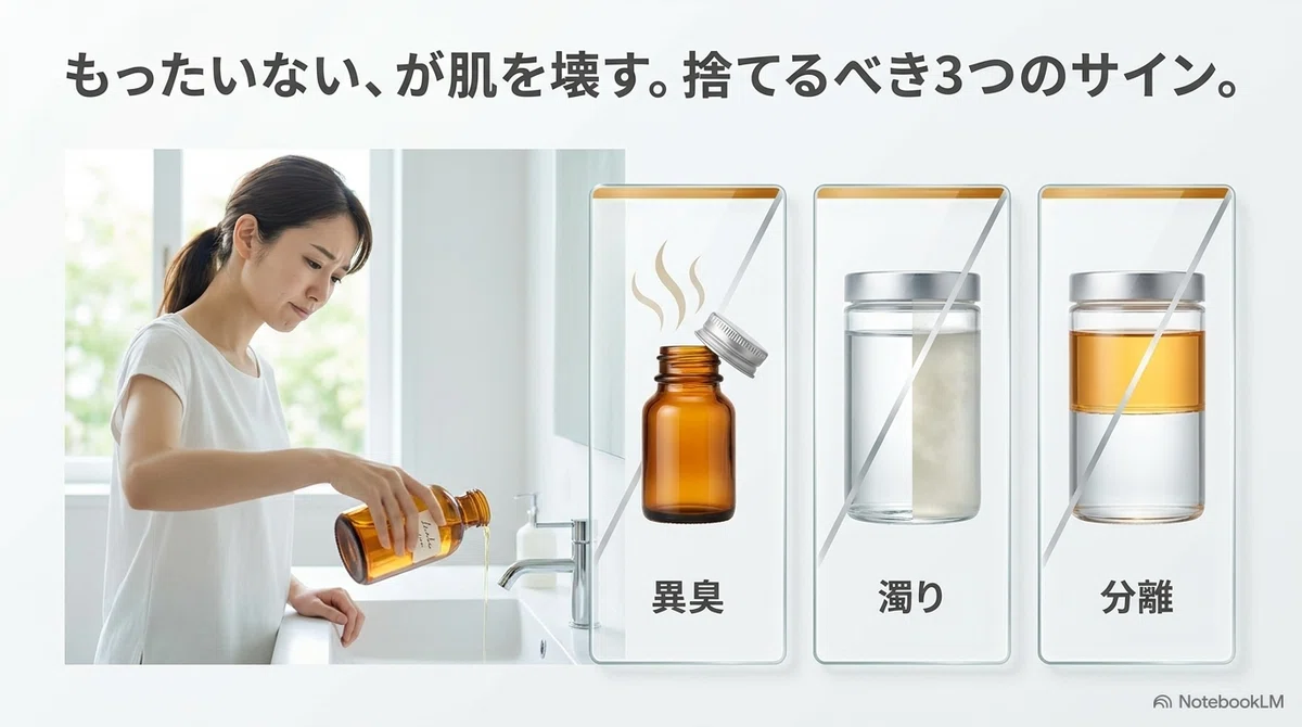 手作り化粧水の容器：異臭・濁り・分離が出たら中止の図解
