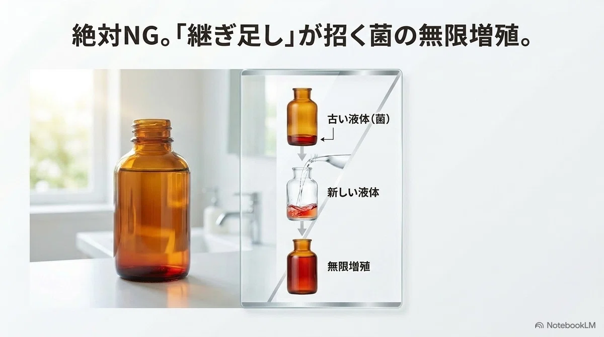 手作り化粧水の容器：詰め替えは「継ぎ足さない」が基本の図解
