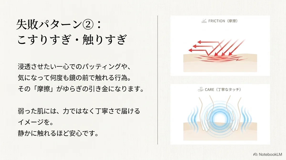 鎮静スキンケア:失敗パターン②こすりすぎ・触りすぎの図解