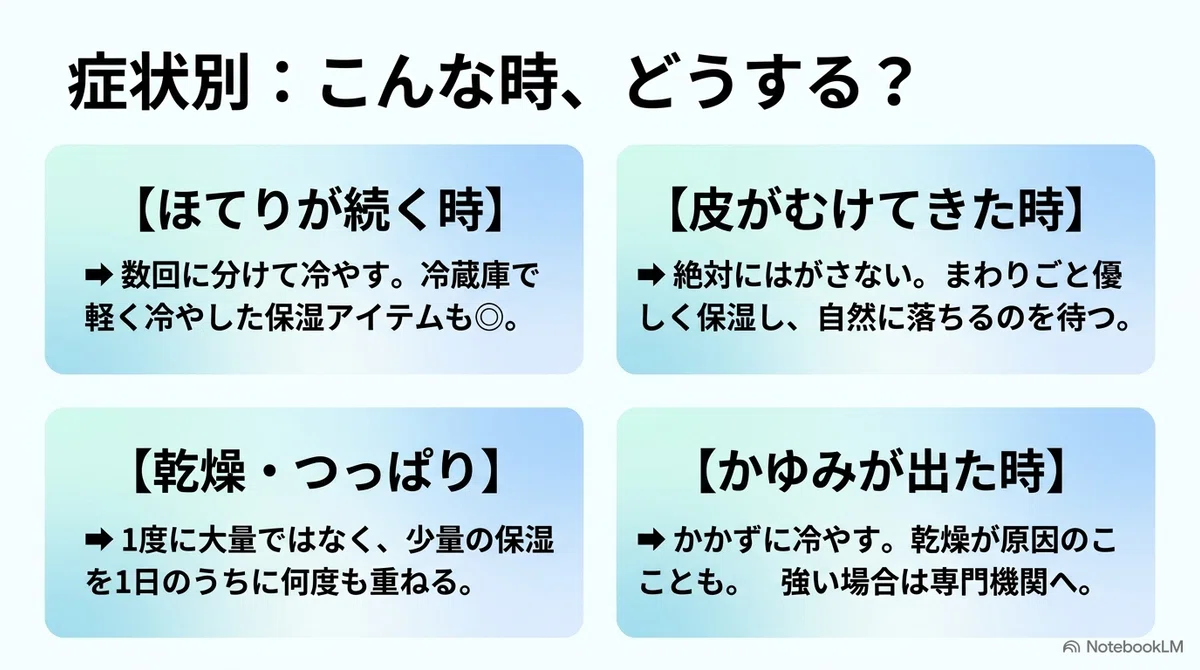 海・プール後:ほてり・皮むけ・乾燥・かゆみ、それぞれへの向き合い方の図解