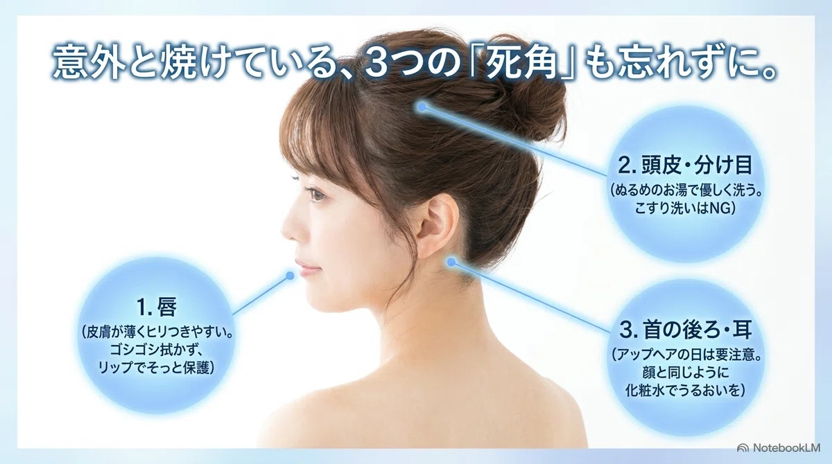 海・プール後:見落としやすい部位別ケア|唇・頭皮・首の図解