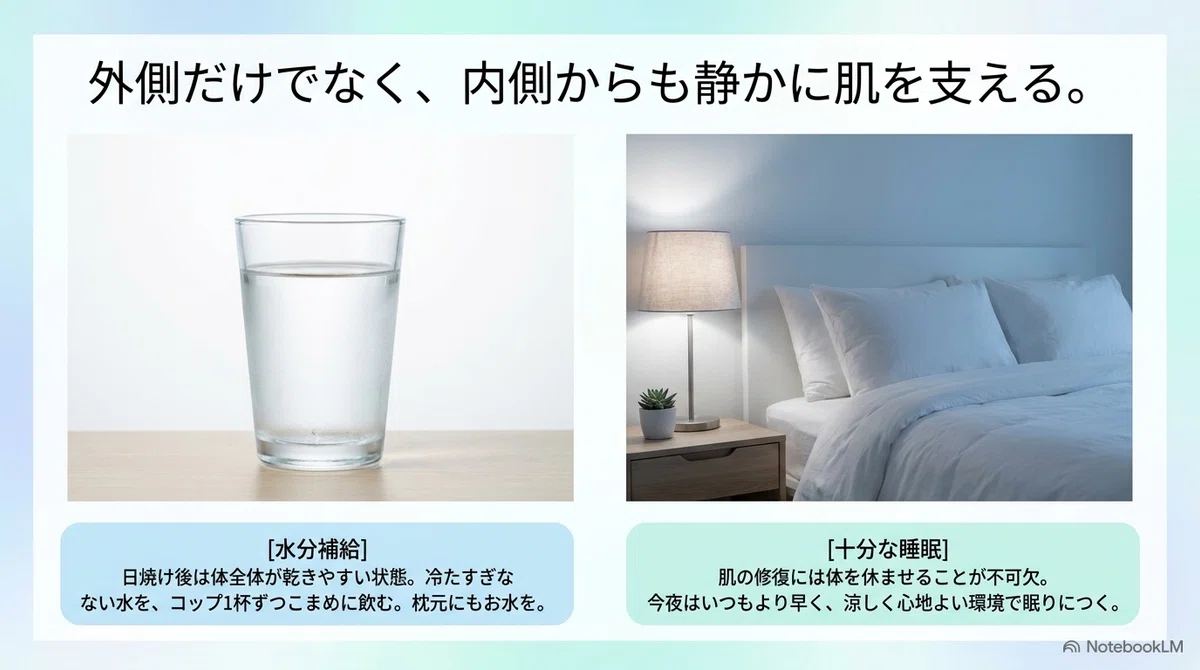 海・プール後:内側から整える|水分と睡眠は静かに効くケアの図解