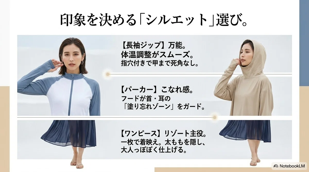 海で焼きたくない日:ラッシュガードは「型」で印象が決まる